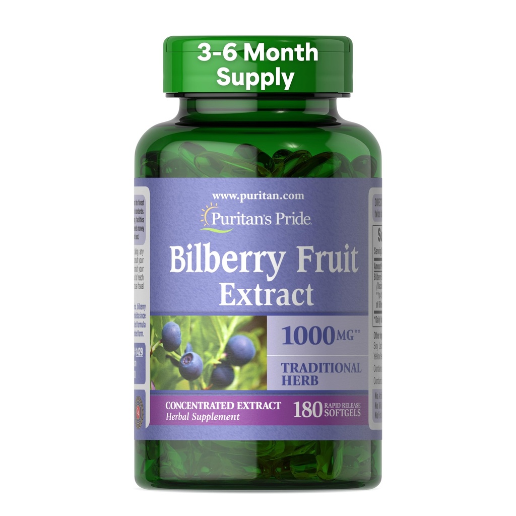 Puritan의 Pride 프리미엄 Bilberry 과일 추출물 250 mg (1000mg Equivalent), 4 : 1 농축 된 초본 보충, 비타민 C, 3 ~ 6 개월 공급, 180 급진 릴리스 Softgels (포장 할 수있다 Vary)