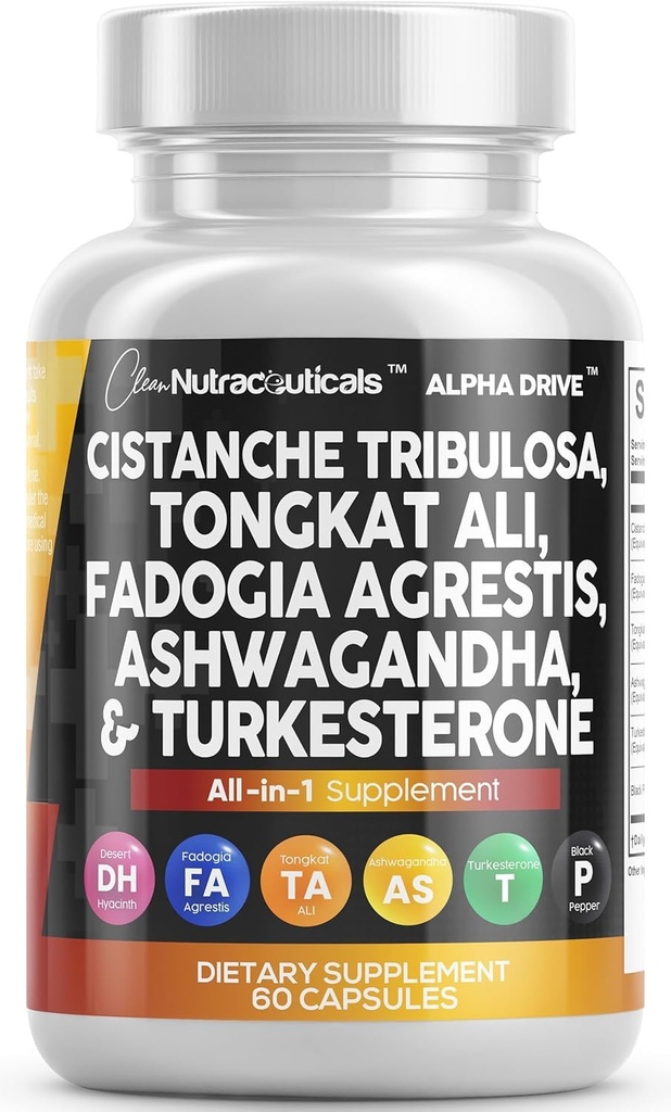 Clean Nutra Cistanche Tribulosa Fadogia Agrestis Tongkat Ali Turkesterone 약 Ashwagandha 캡슐 남성용 보충교재 - 60 조사