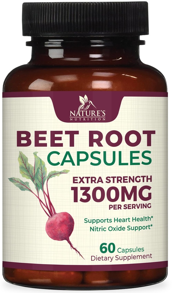Beet 뿌리 캡슐 1300mg - 추가 강도 붉은 Beetroot 분말 보충 - Nitric 산화물 생산, 심장 건강 및 천연 에너지 지원 - Non-GMO, Vegan, 글루텐 무료 - 60 Veggie 캡슐