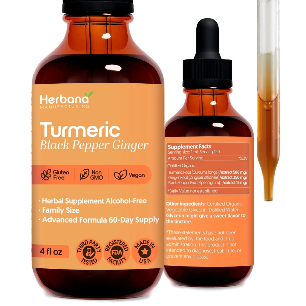 심황 3-in-1 액체 추출물 - Curcumin & Ginger, Black Pepper - 자연 초본 보충 - 면역 및 뇌 부스터 Tincture (2 FL OZ)