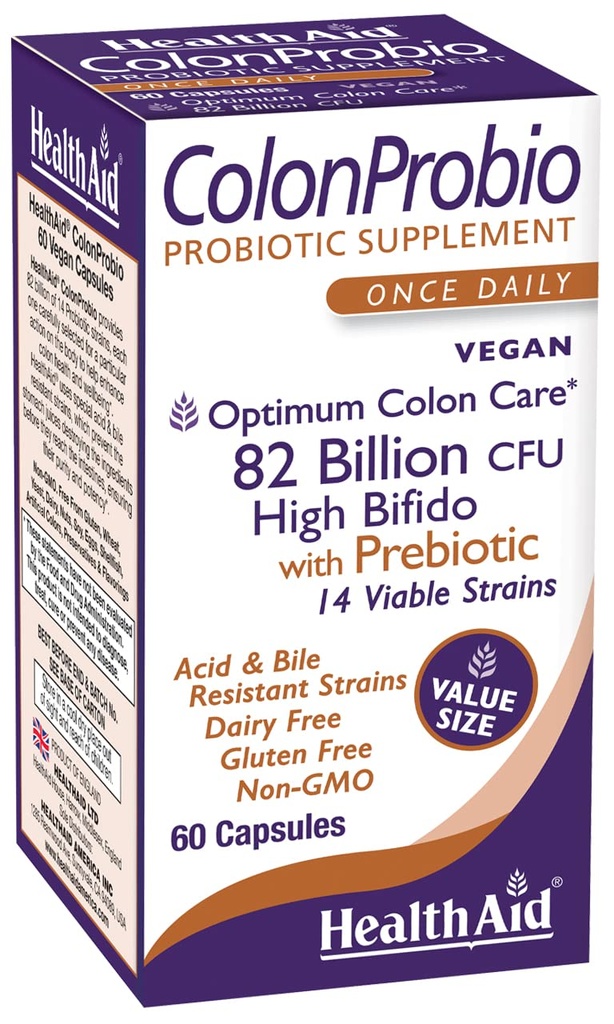 HealthAid ColonProbio 82 Billion with Prebiotic, 14 Strains, 한 번 매일, 60ct, 최적 콜론 케어, 산 & Bile resistant, 낙농 무료, 글루텐 무료, 비 GMO, 높은 Bifido