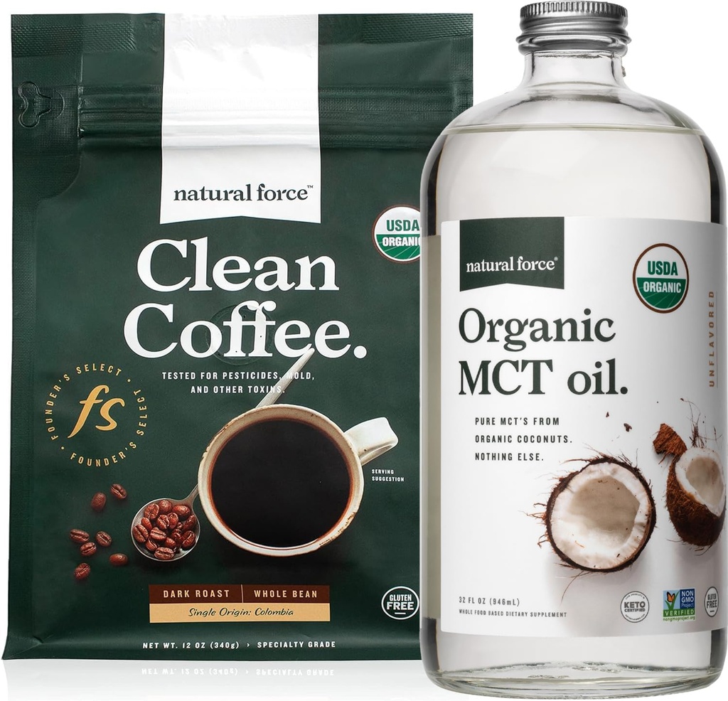 Natural Force Organic Dark Roast Clean Coffee + 유기농 MCT 오일 번들 - 100 % 순수 코코넛 MCT & Mold & Mycotoxin 무료 커피 - 비 GMO, Keto, Paleo 및 Vegan - 12 Oz 및 32 Oz