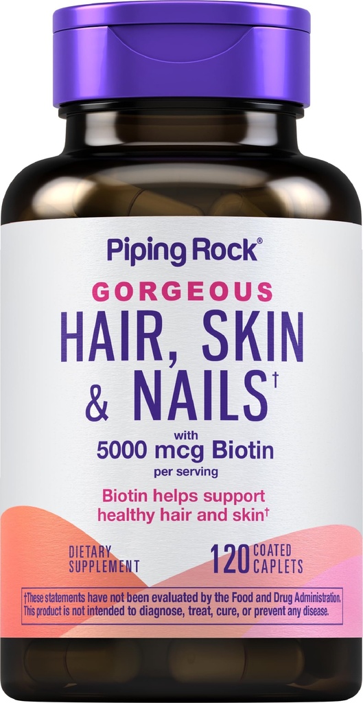 Piping Rock Hair Skin and Nails Vitamin | 120 Caplet Pills |콜라겐 | 5000 mcg of Biotin | 비 GMO, 글루텐 무료 보충