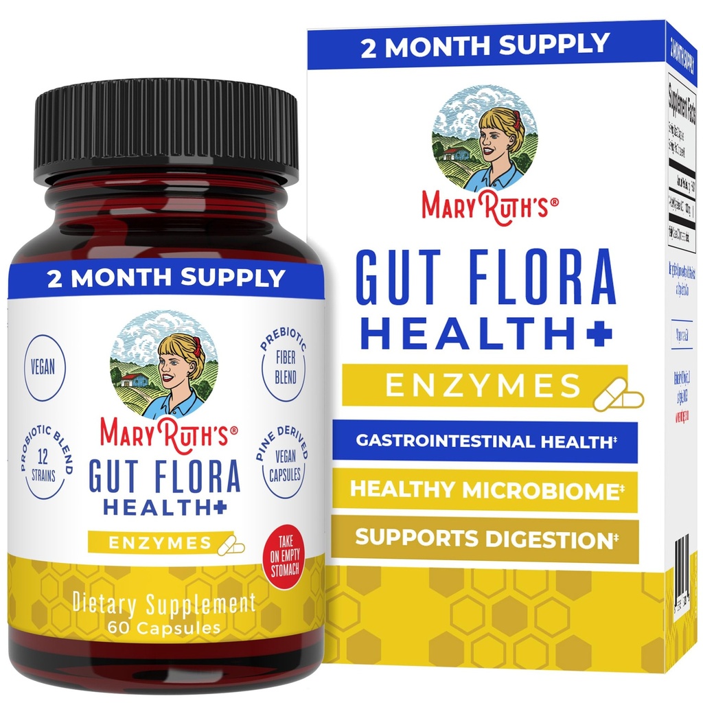 MaryRuth의 Gut Flora Health+ Enzymes | 건강한 Gut Biome 및 소화 지원을위한 Prebiotic & Probiotic 소화 효소 | 위장 건강 | CLP 인증 | 60 캡슐 | 최대 2 개월 공급