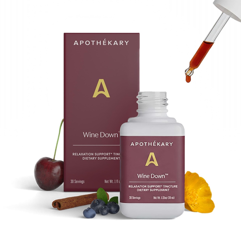 Apothékary Wine Down, Natural Sleep and Relaxation Support, Alcohol-Free Red Wine-Inspired Herbal Liquid Drops, Blue Vervain, Tart Cherry 및 California Poppy, 1 oz, 30 서빙
