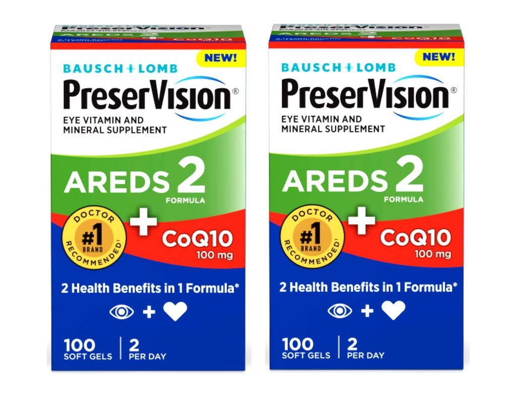 PreserVision Eye Vitamin & Mineral Supplement AREDS 2 공식 + CoQ10, 2-in-1 건강 혜택, 100 Softgels (2 일당) 팩 2