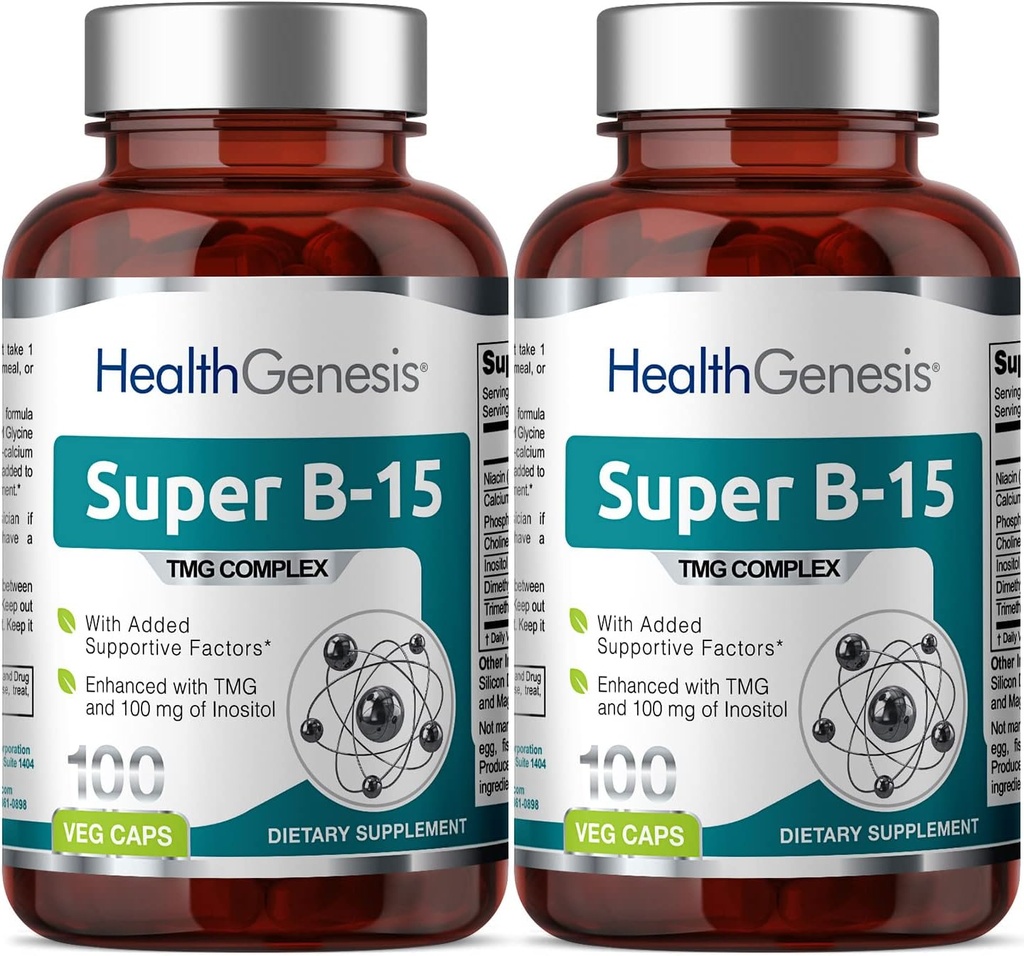 슈퍼 B-15 100 Vcaps 2 팩 - Niacin 칼슘 Choline Inositol DMG TMG - 건강한 산소 에너지 레벨 지원