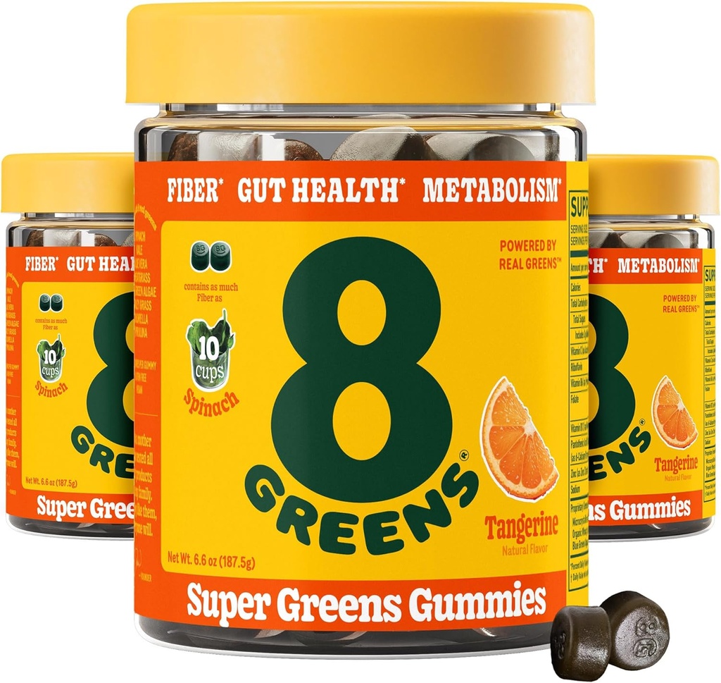 8Greens 매일 섬유 최고 녹색 Gummies - Tangerine 풍미: 8개의 진짜 녹색을 가진 부스트 면역 체계 & 소화 건강 - 비 GMO 공식, Chewables, 50 Gummies, 3의 팩