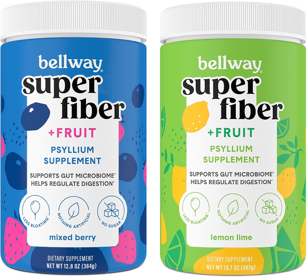 Bellway Super Fiber Powder + Fruit, Sugar Free Organic Psyllium Husk Powder Fiber Supplement for Regularity, Bloating Relief & Gut Health, Non-GMO, 혼합 Berry & Lemon Lime