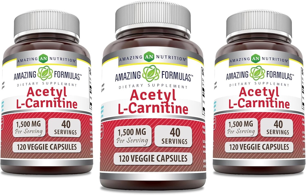 놀라운 수식 Acetyl L 카르니틴 1500 Mg 서빙 Veggie 캡슐 보충 | Non-GMO | 글루텐 무료 | 미국에서 제작 | Vegetarians (120 Count)에 적합 | 3 팩