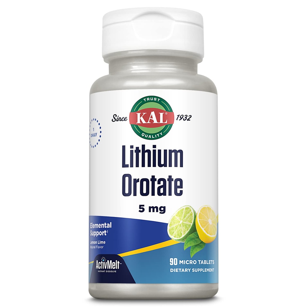 KAL 리튬 Orotate ActivMelt 5mg, 최적의 흡수 및 Bioavailability, 건강한 계류 지원, 자연 레몬 석회 맛, 즉시 용해 정제, 90 서빙, 90 마이크로 정제