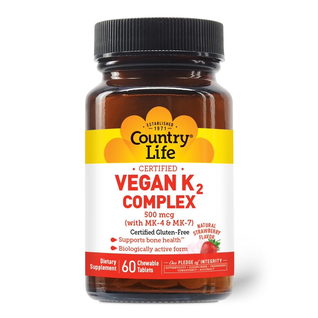 Country Life® Vegan K2-500 mcg, 60 Ct. Chewable 정제. Strawberry 풍미 - 공인 글루텐 무료 - AVA에 의해 인증 된 채식 - Bone Health 지원