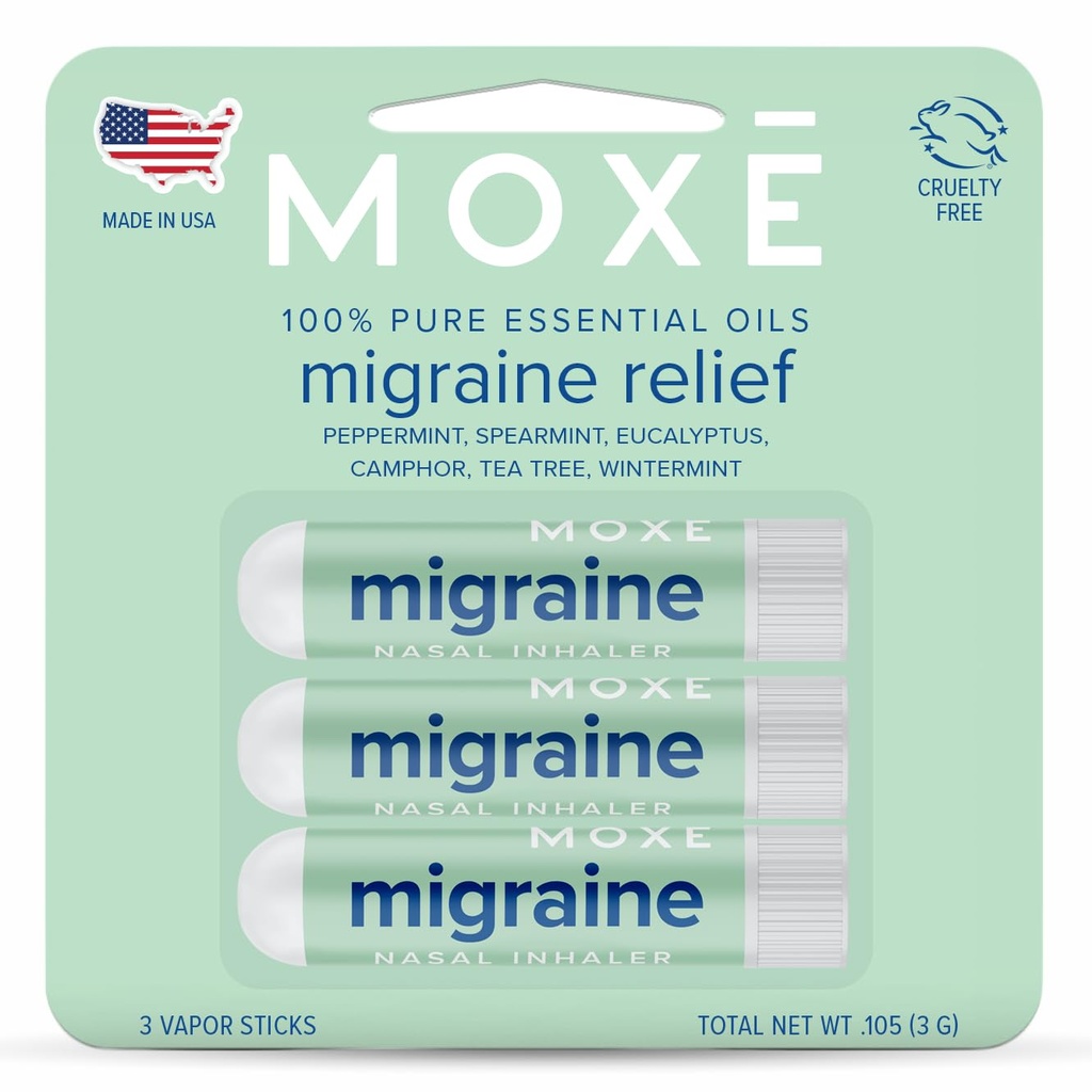 MOXE Migraine Relief Nasal Inhalers, Headaches & Tension Relief, 휴대용 Aromatherapy, 사용하기 편한, 순수한 & Undiluted, Peppermint, Spearmint, Eucalyptus, 차 나무, 미국, 3 팩