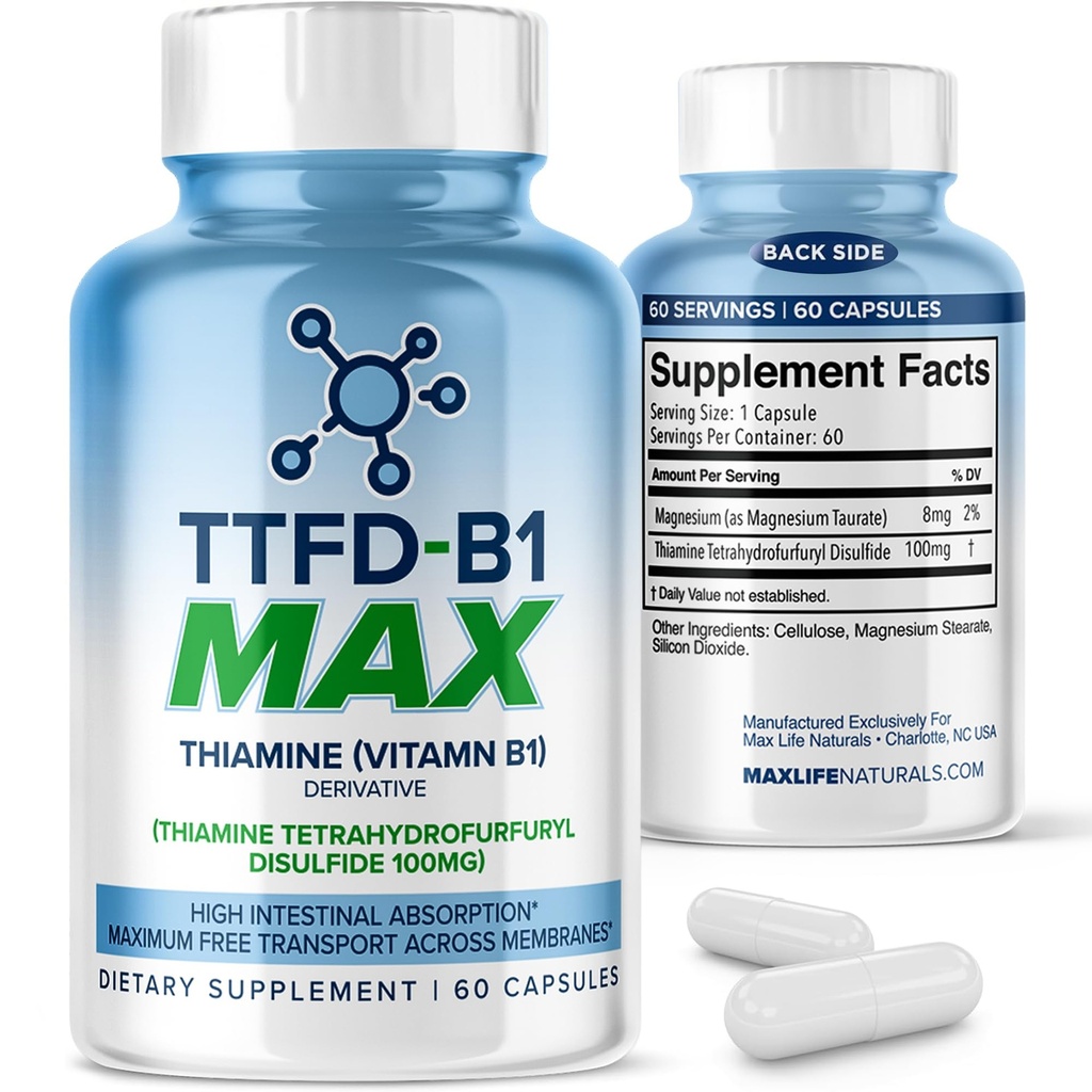 TTFD Thiamine B1 보충교재 60Capsules 미국에서 만드는 - Thiamine TTFD 비타민 B1 MAX, 에너지 & 초점을 위한 높 순수성 보충교재, MaxLife 자연에 의하여 건강한 Nerve 기능 & 전반적인 웰니스를 지원하십시오