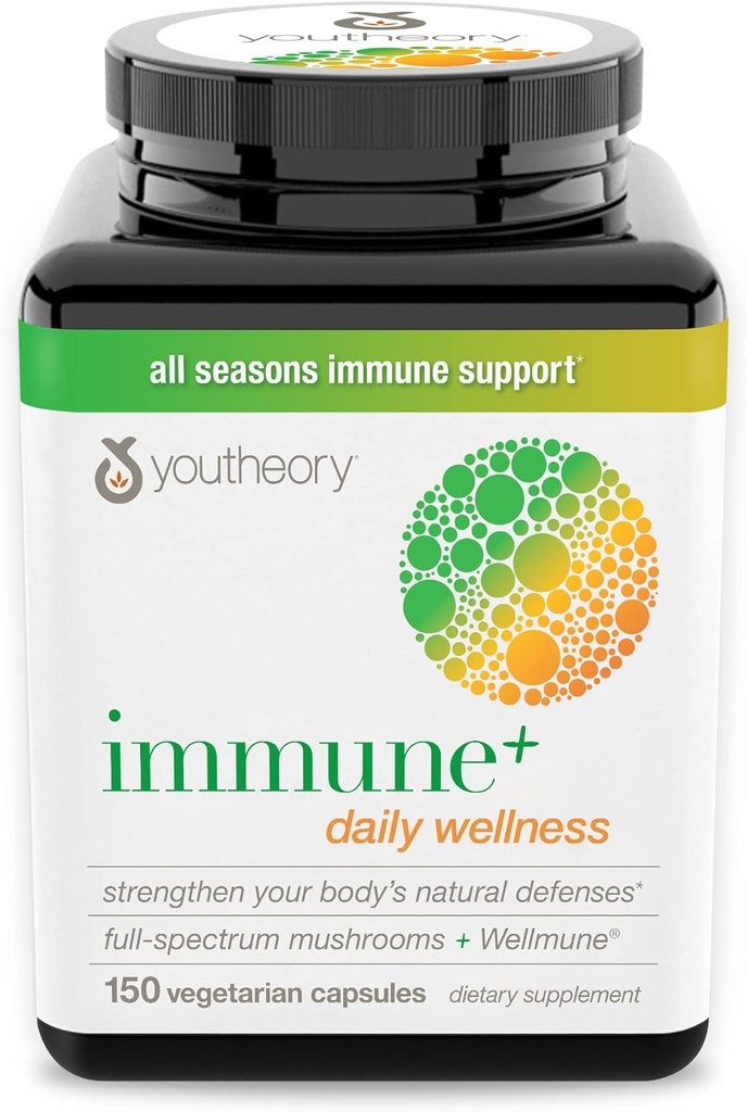 Youtheory Immune+ 매일 웰니스 유기 버섯 beta Glucan 비타민 C, D3 & 아연 150 채식 모자