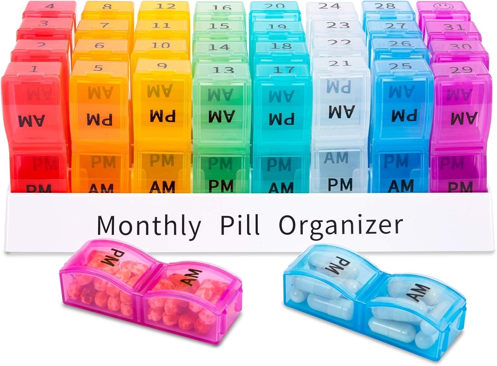 ASprink 월간 알약 주최자 2 시간 일,30 일 1 개월 알약 상자 AM,31 일 알약 케이스 작은 Compartments 비타민, 여행 의학 주최자,31 일 알약 주최자 하루