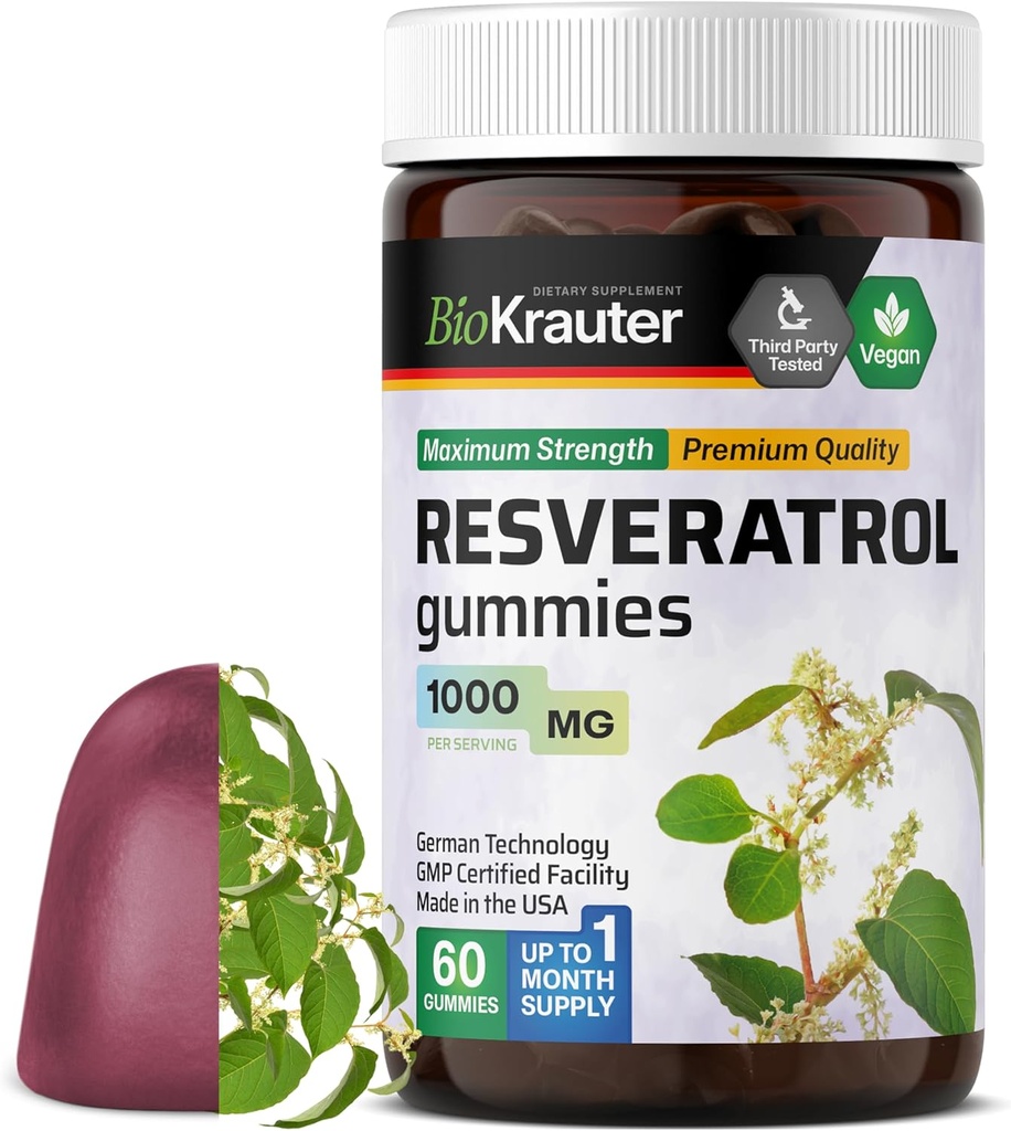 BIO KRAUTER Resveratrol Gummies - 1000 mg 힘 - 60 Vegan Chews - 98% 순수한 Trans Resveratrol 보충교재 - 산화 방지제 지원