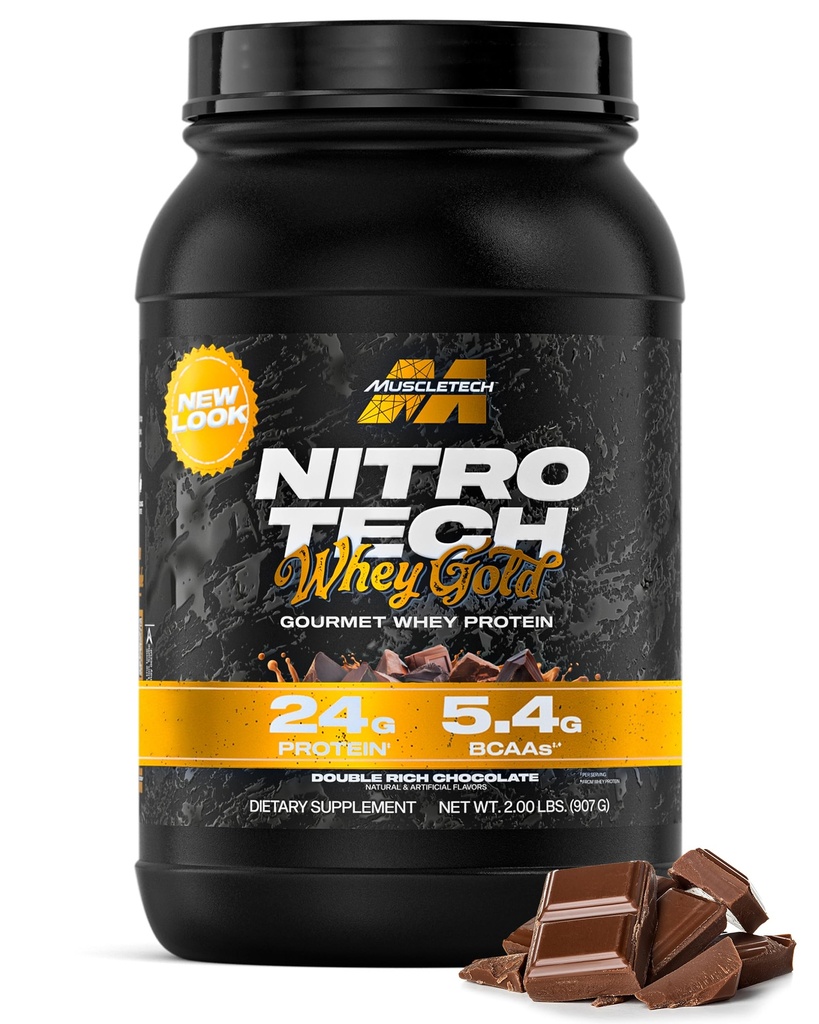 Muscletech Whey Protein Powder (Double Rich Chocolate, 2LB) - Nitro-Tech Whey Protein Isolate Smoothie Mix for Lean Muscle & Recovery - 여성 및 남성을위한 Whey Gold 24g - 포장 May Vary