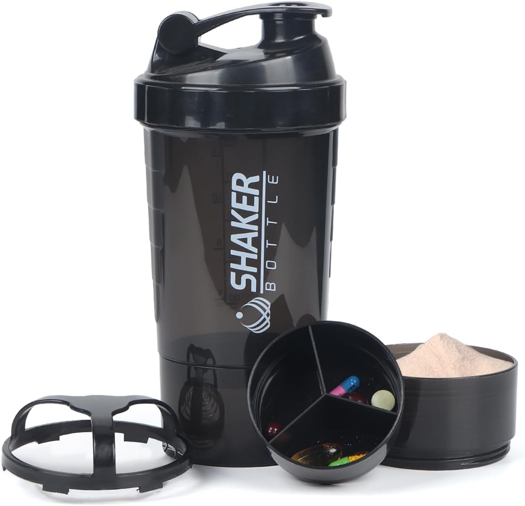 단백질 셰이커 병, 저장을 가진 단백질 분말을 위한 16 oz Shake 컵, 스포츠 물병, 단백질 혼합을 위한 알약 쟁반 누출 증거 Shake 병을 가진 3oz 컵 떨어져 비 미끄러짐 3개의 층 강선전도