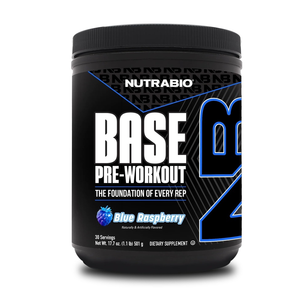 NutraBio Base Pre-Workout Powder 200mg 카페인, 지속 에너지, 초점, 내구시간, 펌프, 설탕 무료, 남성과 여성을위한 깨끗한 운동 - Beta Alanine, L-Tyrosine, 30 서빙 - 블루 라즈베리