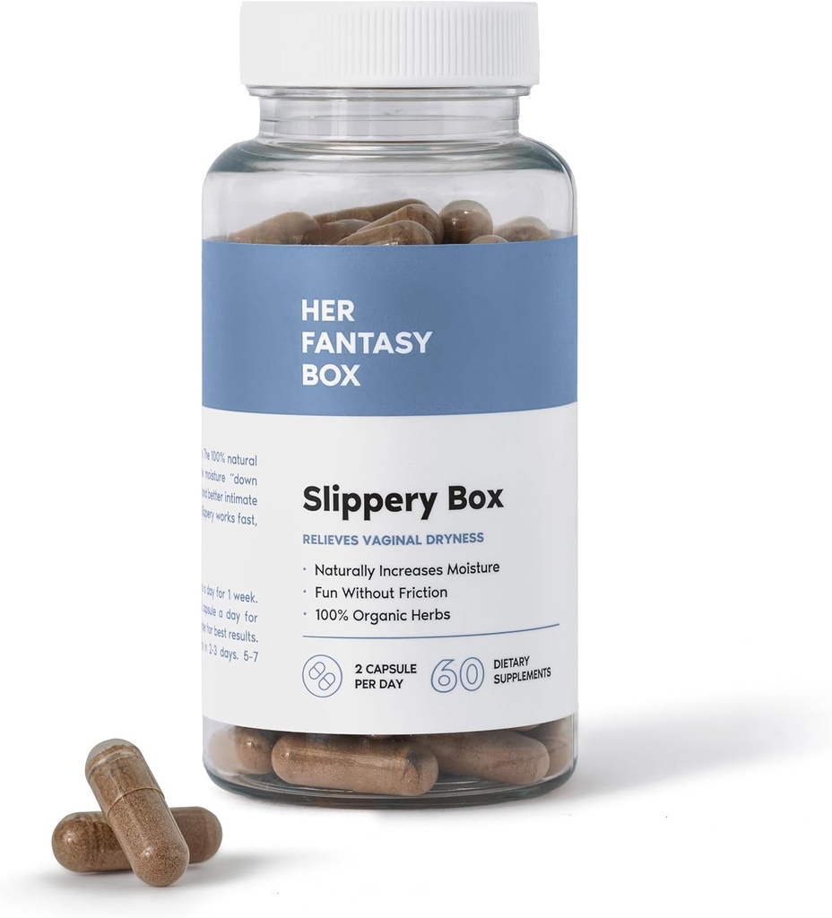 그녀의 판타지 상자 | Slippery Box | Feminine Wellness & Intimate Moisture Support를 위한 빠른 행동 Slippery Elm 캡슐 – 60 Vegan 캡슐