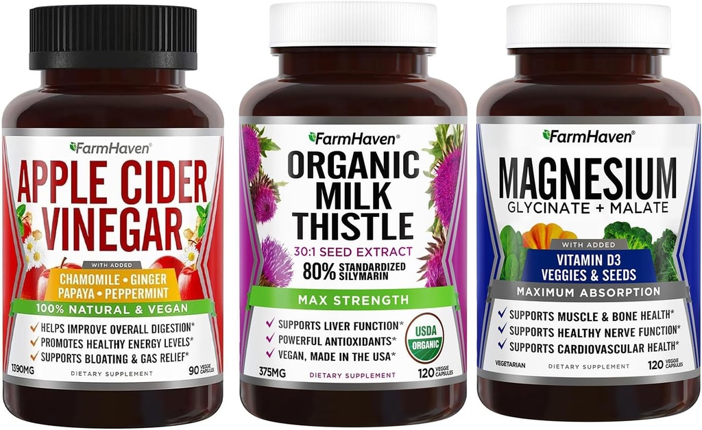 FarmHaven Apple Cider Vinegar 캡슐 Ginger & Magnesium Glycinate & Malate Complex w/Vitamin D3 & 우유 이틀 캡슐