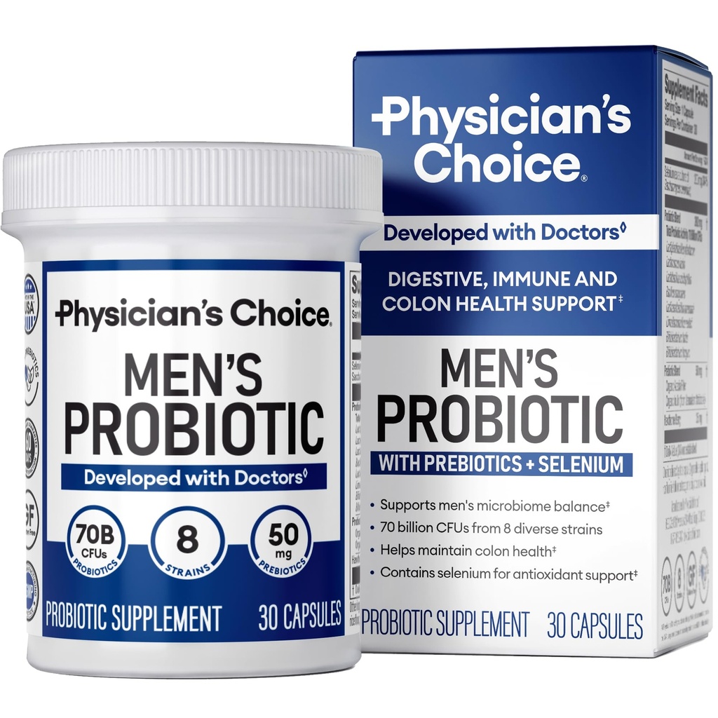 남성을위한 의사 선택 프로 바이오 틱스 - 70 억 CFU - 8 Strains - w/Selenium & Organic Prebiotics - 소화 건강, Microbiome, Colon, & 면역 건강 지원 - 고급 남성 프로 바이오 틱 - 30ct