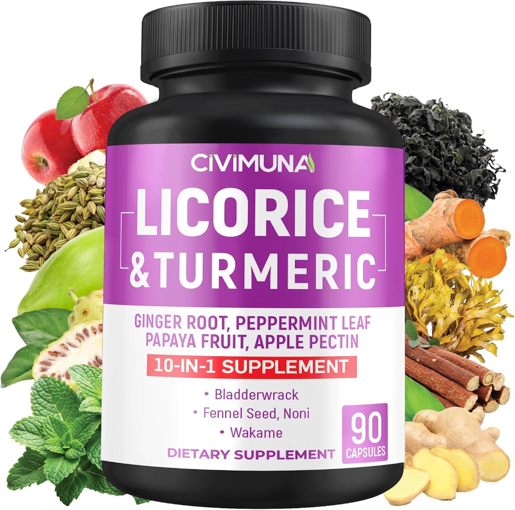 Licorice 캡슐, 심황 뿌리, 생강 뿌리, Peppermint 잎, Papaya 과일 3 개월 공급