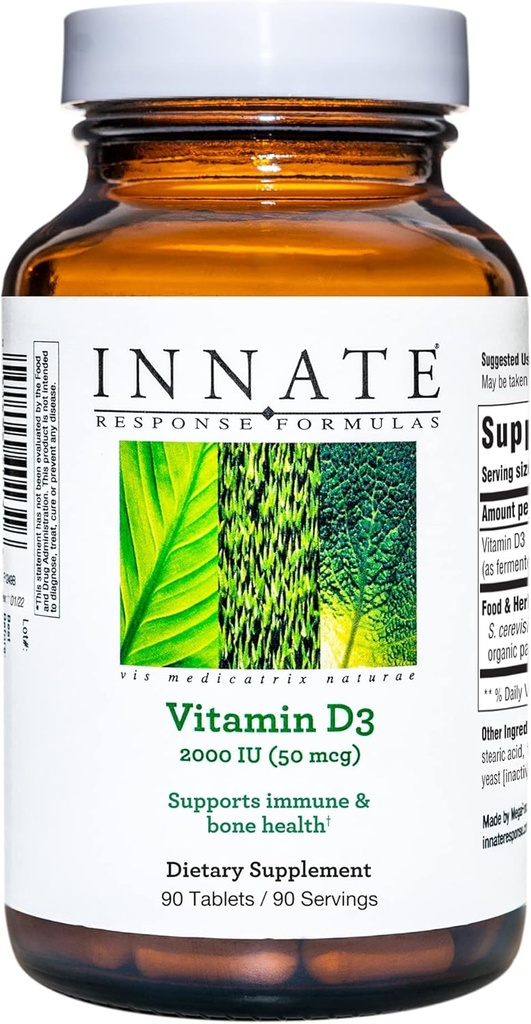 INNATE 응답 공식 비타민 D3 2000 IU (50 mcg) - Immune와 Bone 건강을 지원하는 비타민 보충 - 채식주의, 비 GMO 및 Kosher - 9 식품 알레르기없이 만든 - 90 정제 (90 서빙)