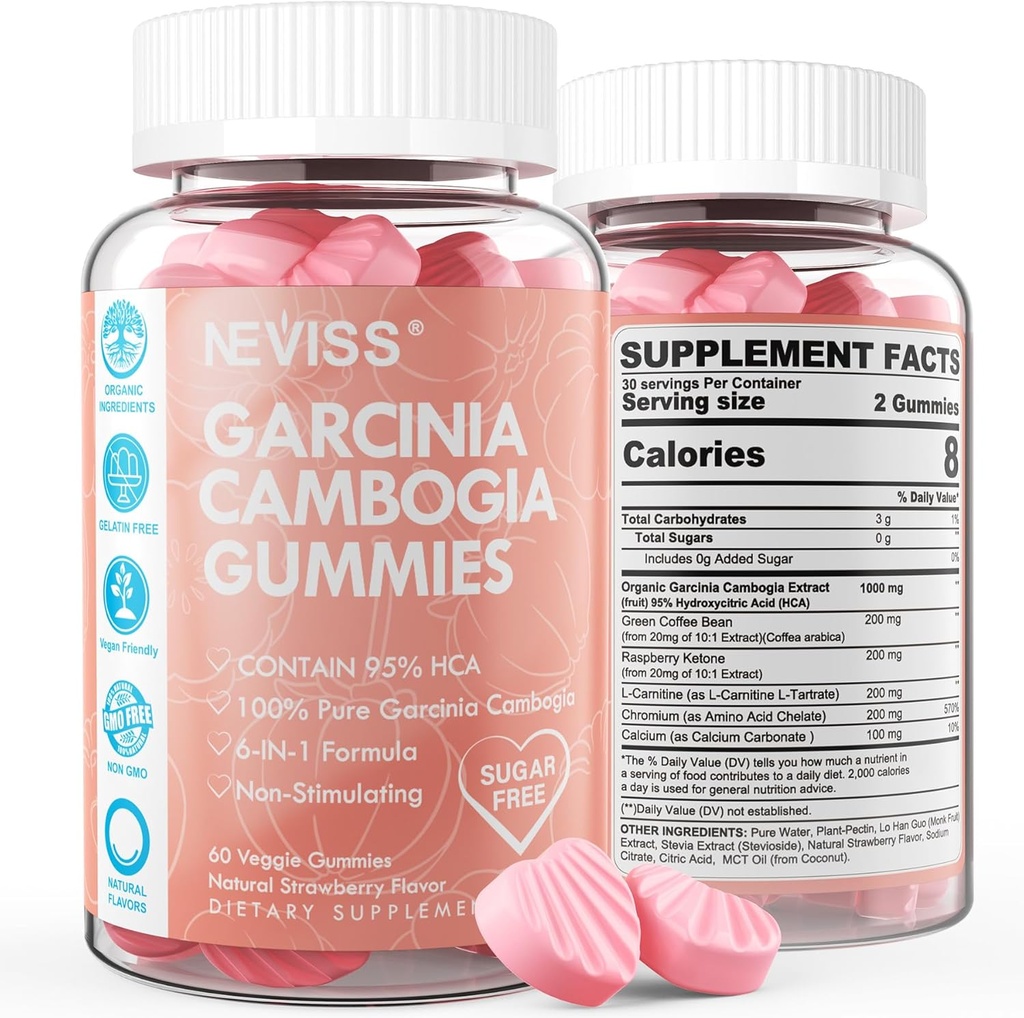 설탕 무료 Garcinia Cambogia Gummies 1000mg 95 % HCA L- 카르니틴, 라즈베리 케톤, 크롬, Metabolism, 에너지 부스트, 100 % 유기 추출물, Vegan, 딸기 맛 120 Cts를위한 녹색 커피 콩