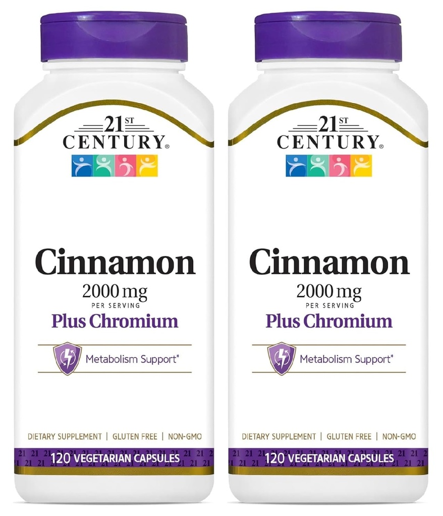 21st Century Cinnamon 2000 mg per 서빙 플러스 Chromium 채식 캡슐 120 카운트 - 팩 2