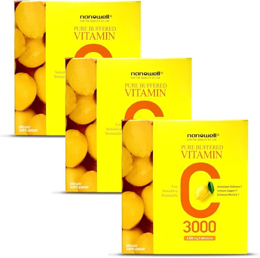 NANOWELL 순수 버퍼 비타민 C 3000 mg 서빙 당, 면역 지원에 대 한 다이어트 보충 - 60 스틱 x 3 상자, 6 개월 공급 (180 카운트)