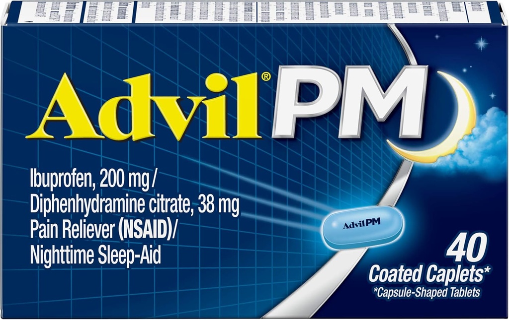 Advil PM (40 조사, 2)의 팩 고통 Reliever/밤 잠 원조는 모자, 200mg Ibuprofen 및 38mg Diphenhydramine 구연산염을 입혔습니다