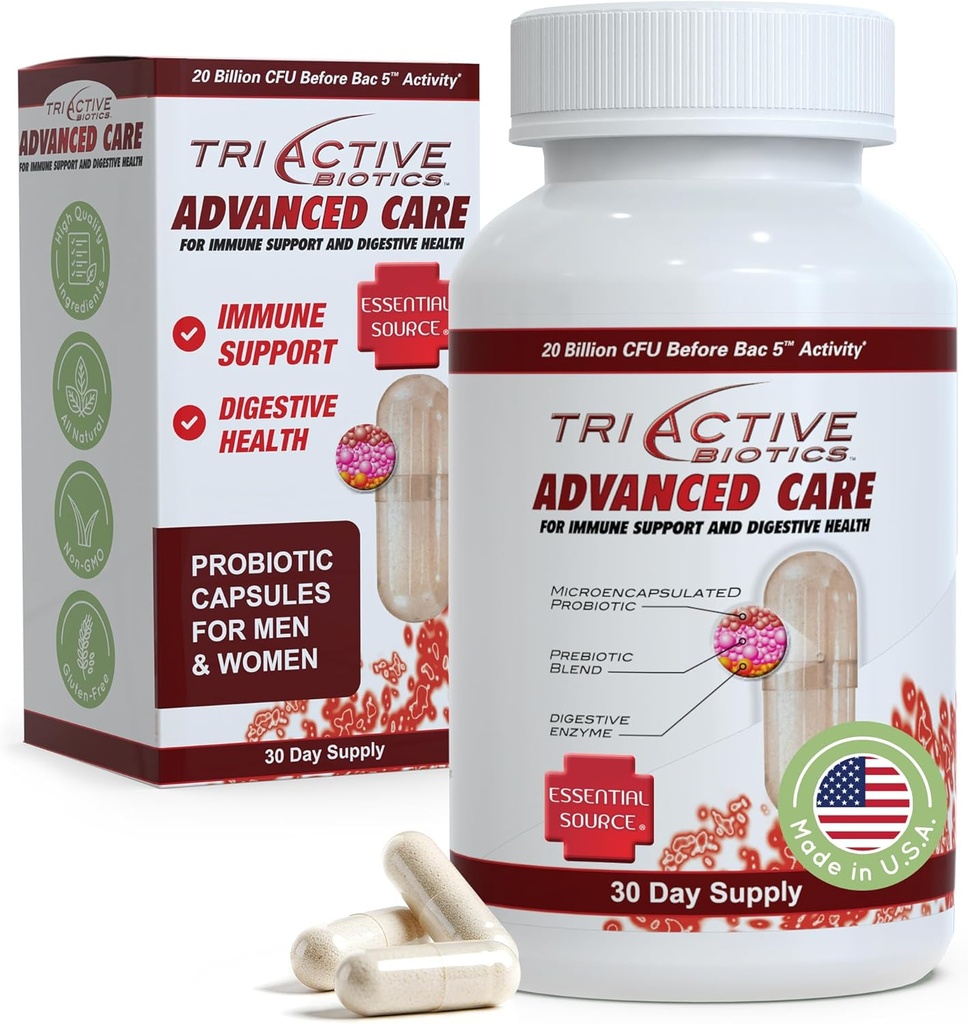 에센셜 소스 TriActive Biotics 고급 케어 - 소화 건강, 면역 지원 보충교재, 여성 및 남성을위한 Microencapsulated Probiotics, 30 Ct 캡슐