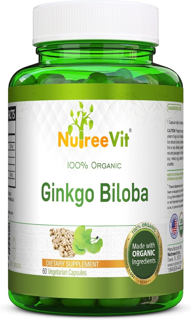 NutreeVit 100% 유기 은행나무 Biloba 캡슐 - 지원 뇌 건강, 정신 건강, 순환, 및 증가 메모리 - 유기 산화 방지제 - 100 개 병