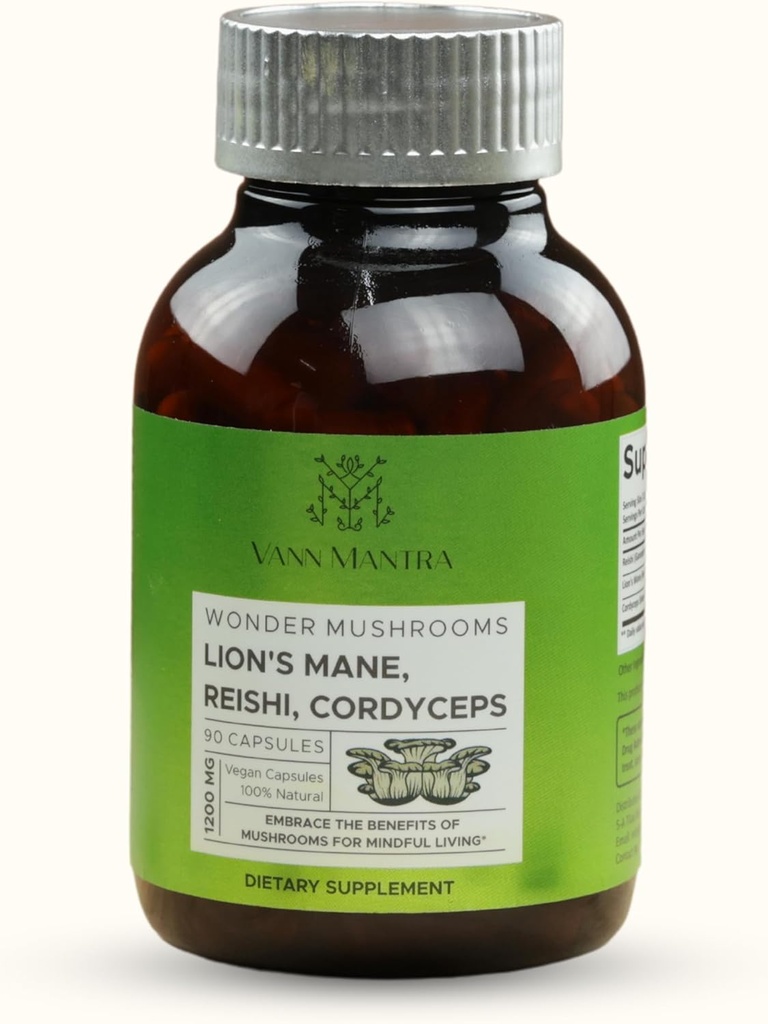 Lion 's Mane Mushroom Supplement - 1200mg, 90 Vegan 캡슐 - 메모리, 정신 명확성, 초점 및 농도 지원 -인지 기능 부스터 - 천연 두뇌 건강 공식