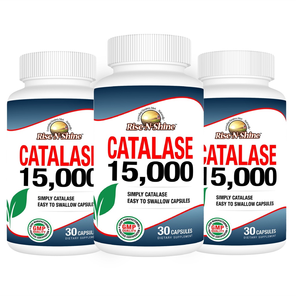 Rise-N-Shine Catalase 보충교재 15,000 - 머리 건강을 위한 강력한 산화 방지제 효소 - 강한 머리를 위한 머리 보충교재 - 90의 캡슐 - 3개의 가득 차있는 크기 병 (90 일 공급)의 팩