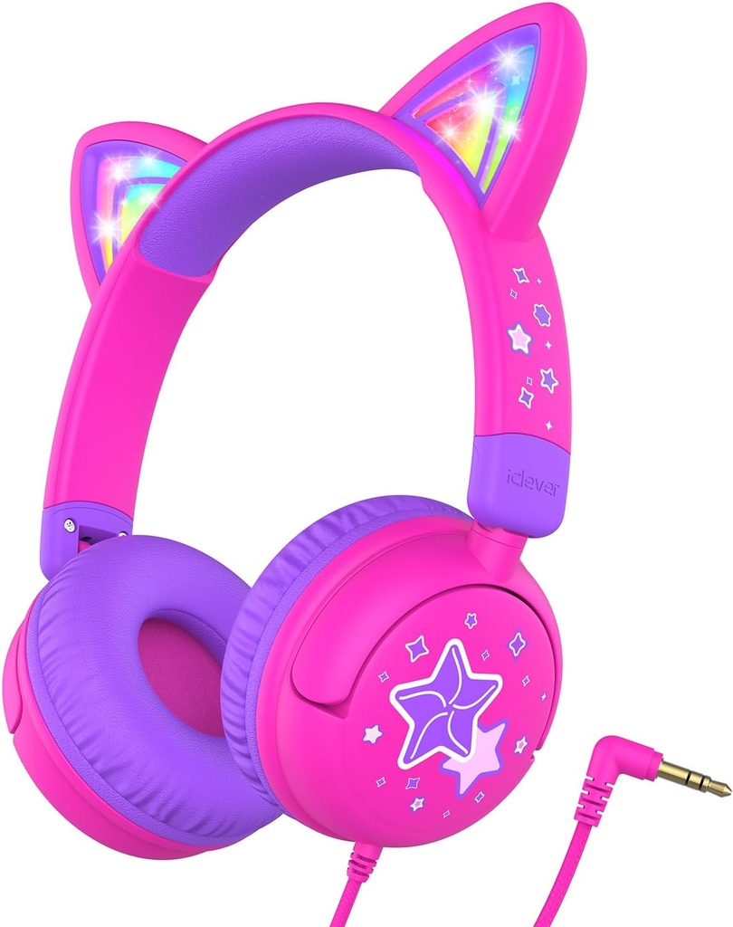 iClever 아이 헤드폰 고양이 귀, LED 빛, 85dBA 안전 볼륨, 여행 학교, 접이식 3.5mm 유선 아이 헤드폰, Meow Lollipop 핫 핑크