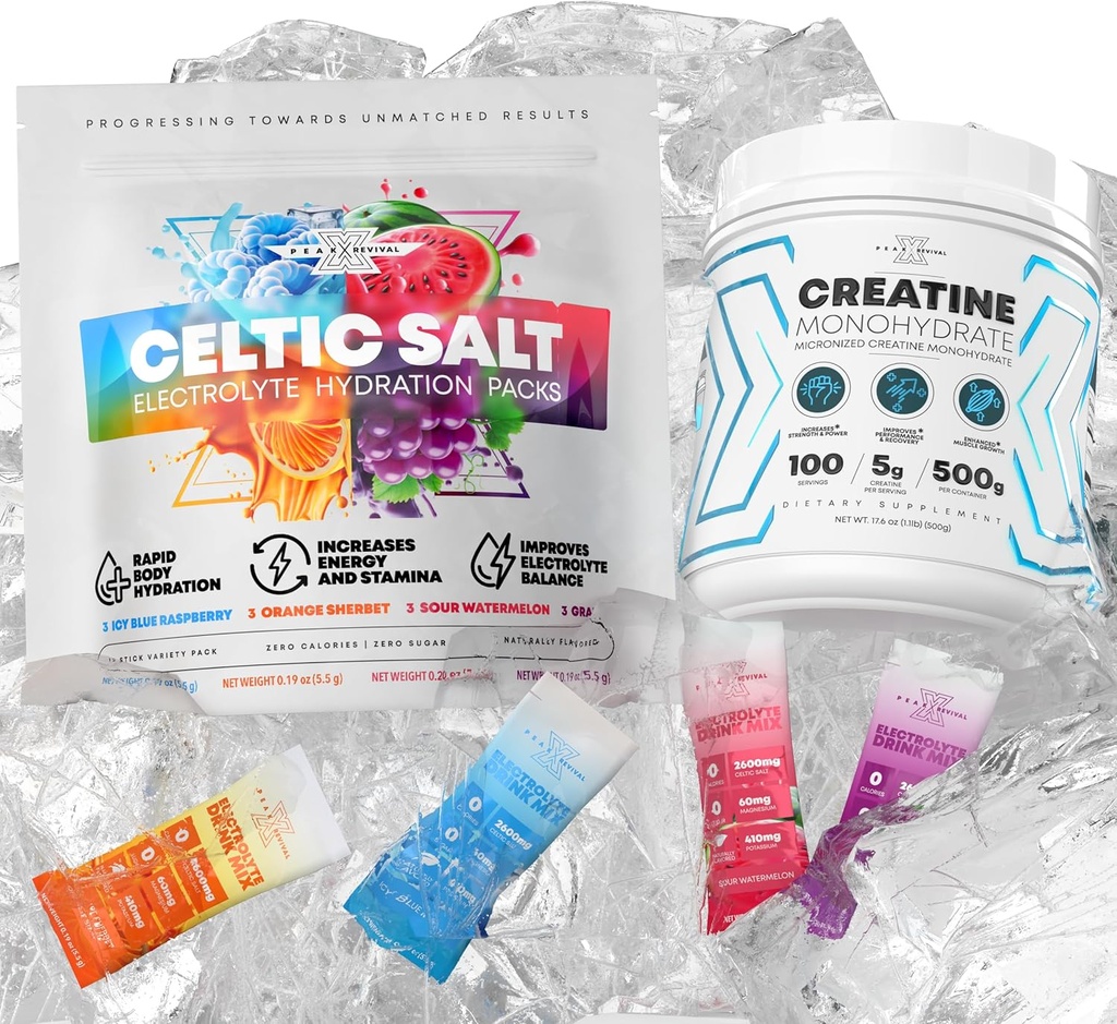 Micronized Creatine Monohydrate 분말 + Electrolytes 분말 패킷 - Celtic Salt Variety Pack (12 패킷)