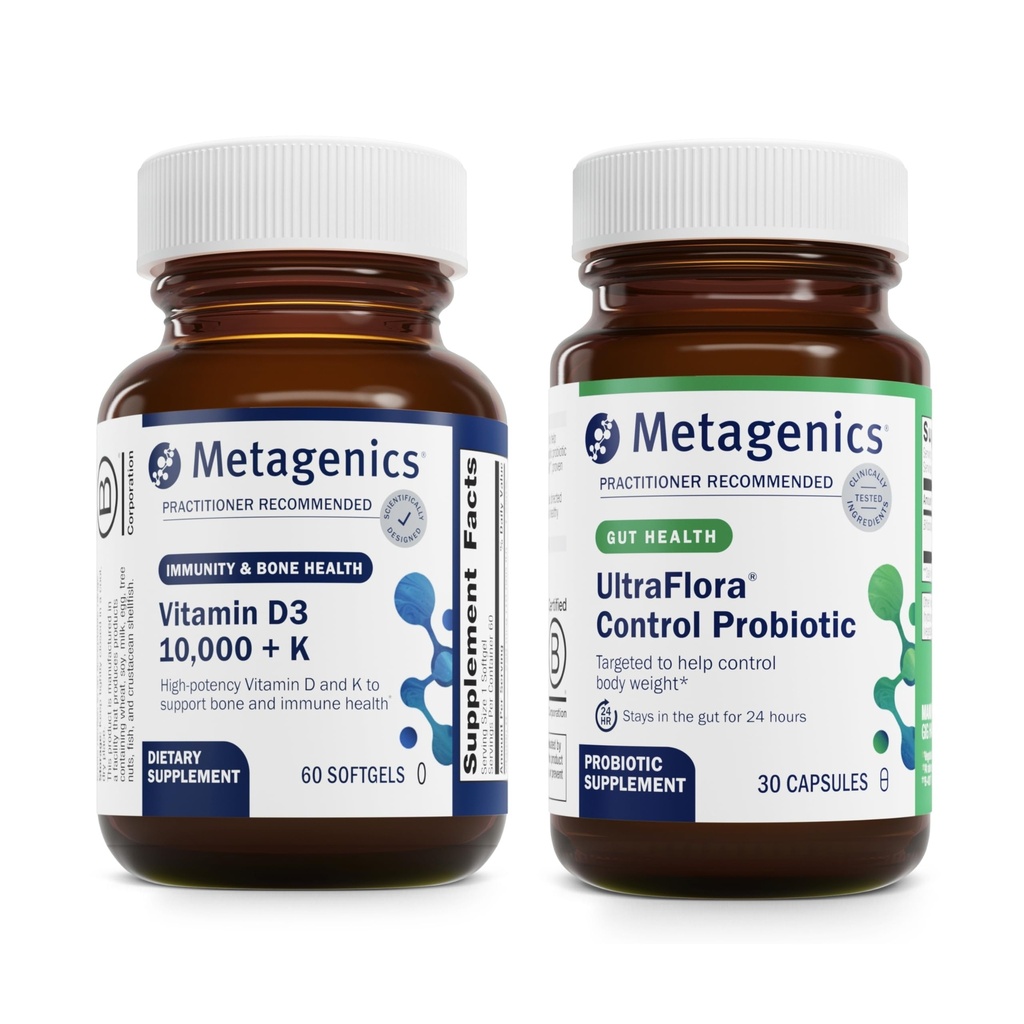Metagenics Vitamin D3 10,000 + K (60 Softgels) & UltraFlora Control Probiotic (30 서빙) - Bone & Heart Health 지원 - 건강한 신체 구성
