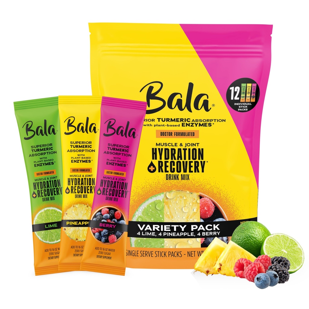 Bala Enzyme Hydration & Sugar-Free 음료 혼합 - Turmeric, Bromelain, Papain - Immunity, Mobility - 다양성 팩 0.25oz (12 개)