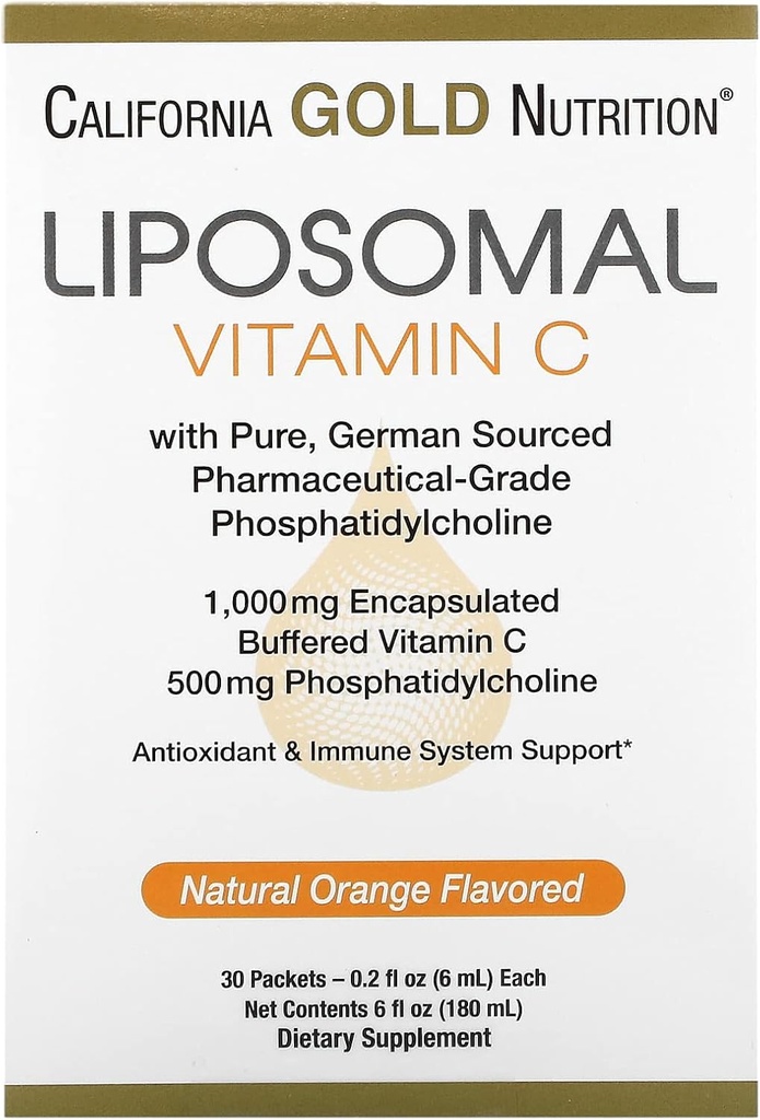 캘리포니아 골드 영양에 의한 Liposomal 비타민 C - 산화 방지제 및 면역 지원을위한 액체 보충 - Vegan Friendly - 글루텐 무료, Non-GMO - 1,000 mg - 30 Packets - 천연 오렌지 맛