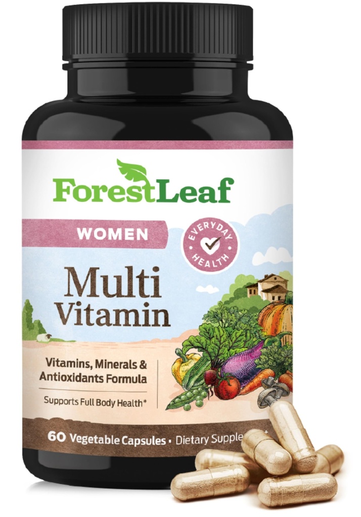 ForestLeaf Daily Vitamin Multivitamin for Women, 여성용 멀티 비타민 - 여성용 멀티 비타민 & 멀티 미네랄 보충 | 건강 및 에너지에 필요한 모든 필수 비타민 | 60 Veg Caps