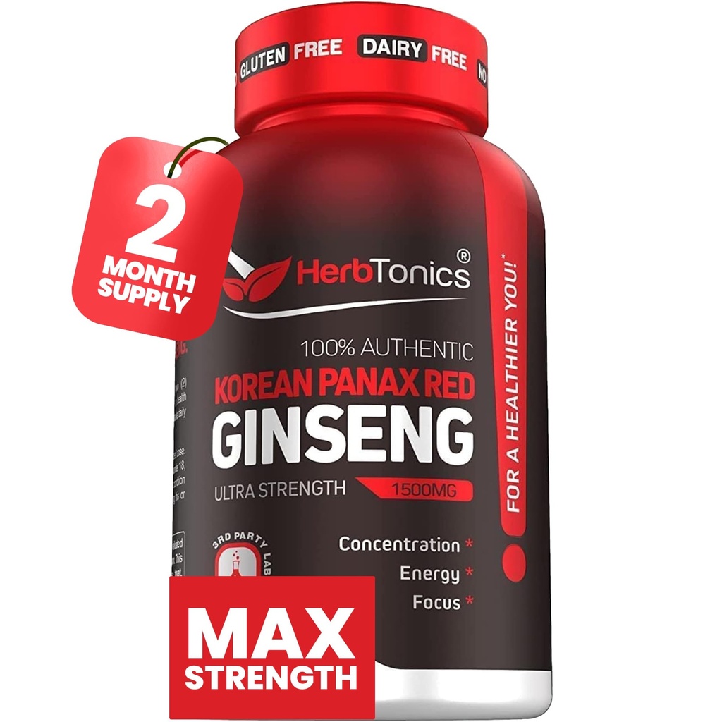 허브토닉 한국 레드 판ax 인삼 1500mg - 피크 성능, 초점 및 활력을위한 에너지 보충 - 높은 효능 인삼 뿌리 추출물 - 120 Vegan 캡슐