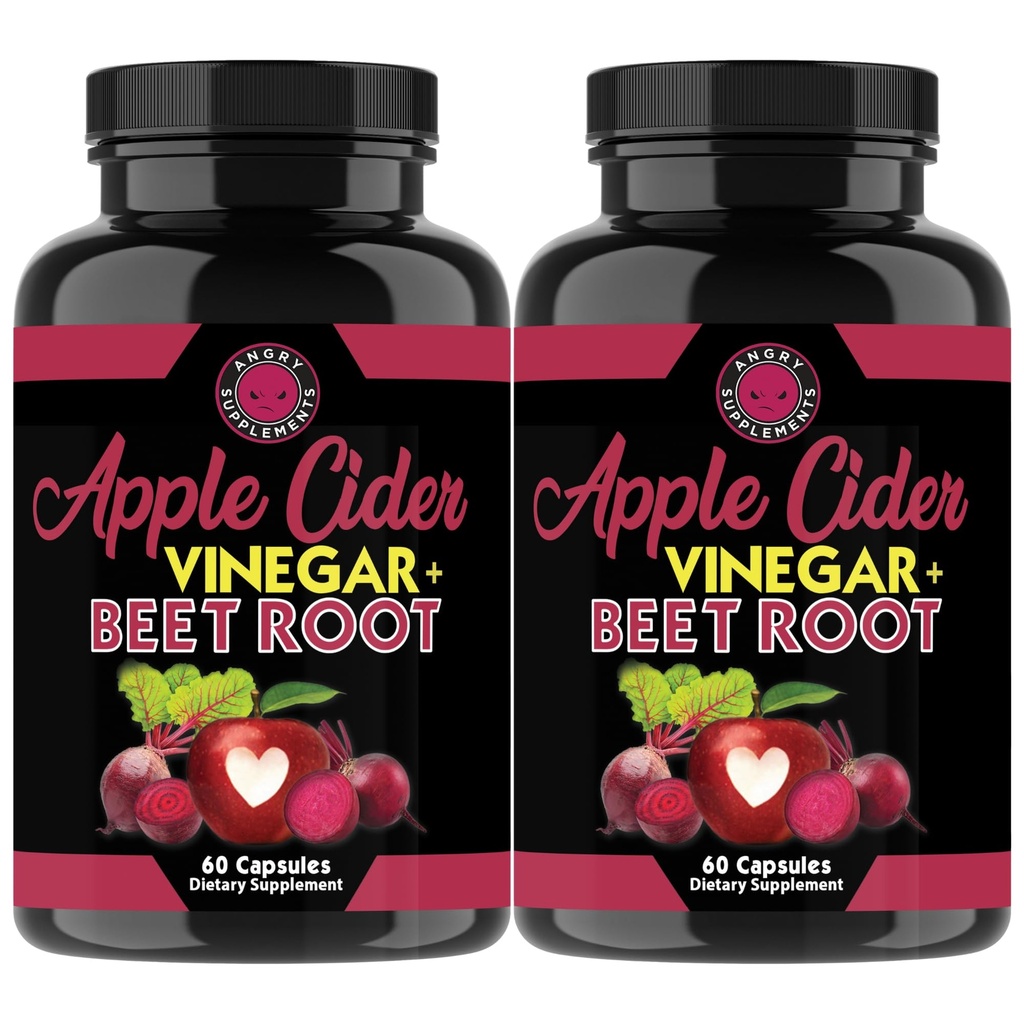 앵그리 보충제 Apple Cider Vinegar + Beet 뿌리 분말 캡슐, 순수 ACV Beetroot 1000mg 서빙 당, Nitric 산화물 부스터 & 남성과 여성 60ct, 2 팩 (120ct 총)에 대 한 소화 건강