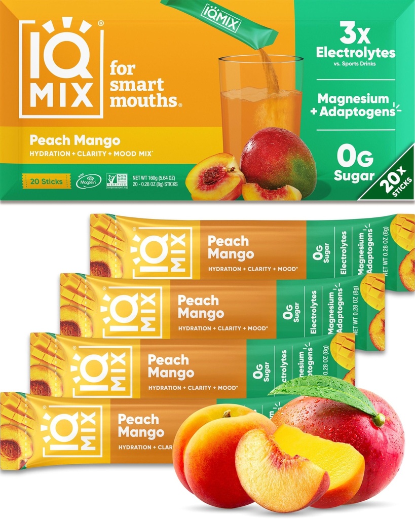 IQMIX Hydration Electrolyte Powder – 4in-1 Formula for Hydration, Mental Clarity, Mood 및 Recovery – Sugar-Free 음료 혼합, Keto, Magnesium L-Threonate, Lion’s Mane – 20 Count Peach Mango