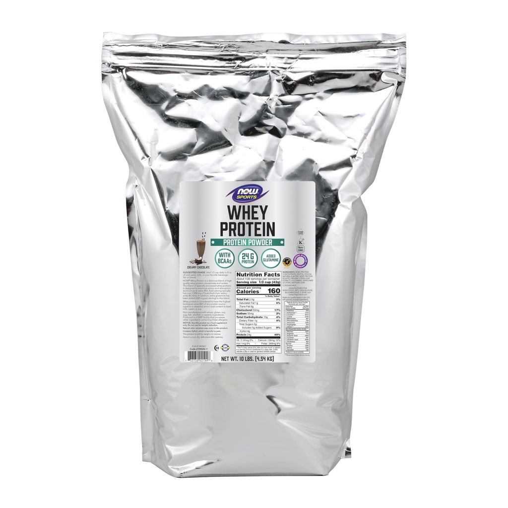 NOW 식품 스포츠 영양, Whey Protein, 24 g BCAA, 크림 초콜릿 분말, 10-Pound