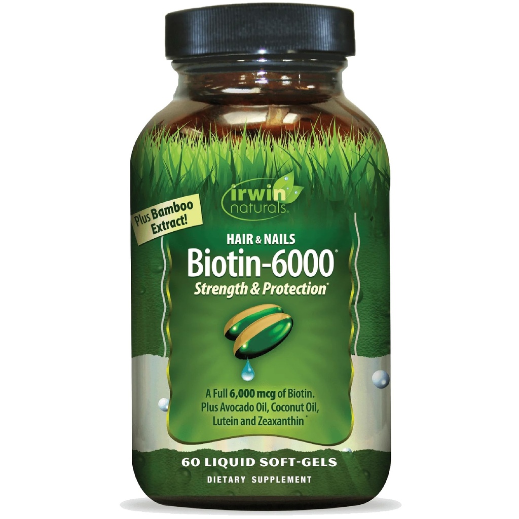 Irwin Naturals Biotin-6000는 건강한 피부, 머리 & 못을 지원합니다 - 60의 액체 Softgels - 높은 Potency 6000 mcg, 대나무, Avocado, 코코넛 및 더 많은 것을 가진 힘 + 보호 - 최대 흡수