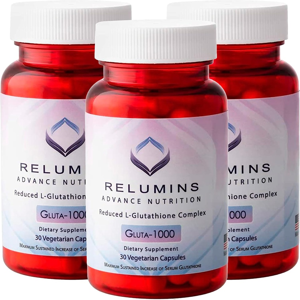 Relumins Advance Nutrition Gluta 1000 - L-Glutathione, 알파 Lipoic Acid & Rose HIPS, 피부 및 전반적인 웰빙을위한 산화 방지제 지원 - 미국 - 30 캡슐 x 3 병 (45 일 공급)