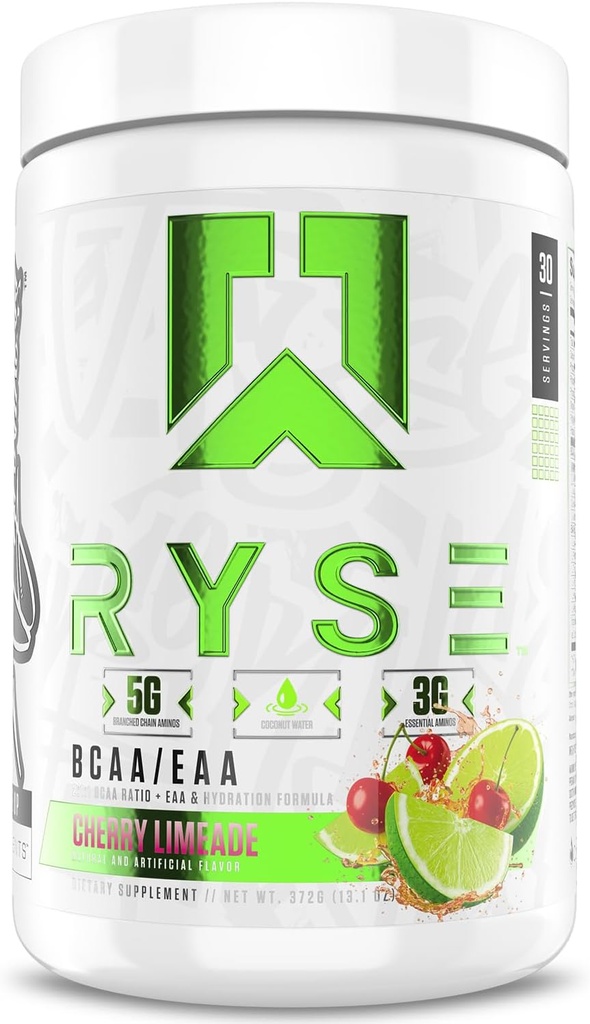 RYSE BCAA EAA 분말 - 체리 Limeade - 5g 분기된 사슬 아미노산, 3g 필수 아미노산, 전 & 포스트 운동 근육 회복을 위한 설탕 자유로운 전해질, 수화 및 힘 - 30의 서빙